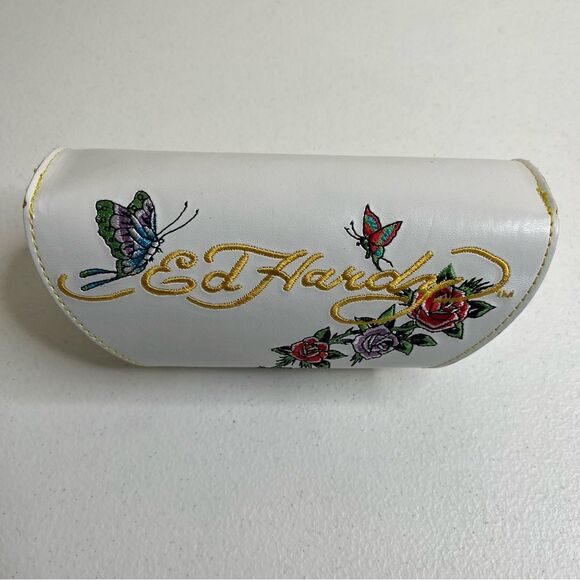 Ed Hardy White Embroidered Sunglass Case Butterflies Flower Snap Close CASE ONLY - Picture 3 of 8